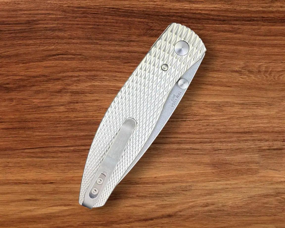 Three Rivers Mfg.-Three Rivers Mfg. (TRM) Atom - 3D Contoured Titanium LIZARD SKIN Handles - 20CV Blade-5-Urban Cutlery