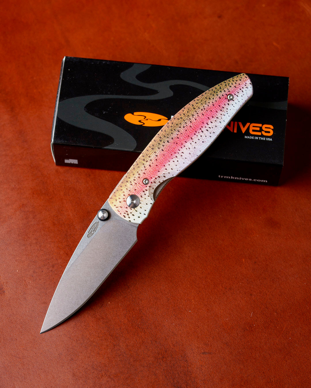 Three Rivers Mfg.-Three Rivers Mfg. (TRM) Atom - DEALER EXCLUSIVE - RAINBOW TROUT G10 Contoured Handles - MagnaCut Blade-1-Urban Cutlery