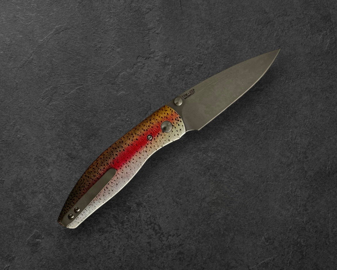 Three Rivers Mfg.-Three Rivers Mfg. (TRM) Atom - DEALER EXCLUSIVE - RAINBOW TROUT G10 Contoured Handles - MagnaCut Blade-3-Urban Cutlery