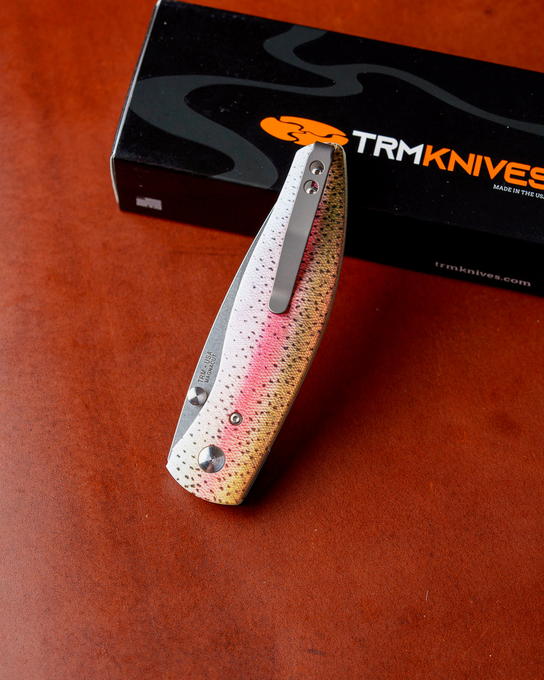 Three Rivers Mfg.-Three Rivers Mfg. (TRM) Atom - DEALER EXCLUSIVE - RAINBOW TROUT G10 Contoured Handles - MagnaCut Blade-4-Urban Cutlery