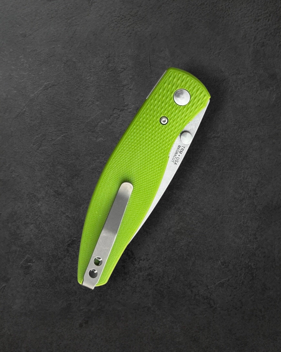 Three Rivers Mfg.-Three Rivers Mfg. (TRM) Atom - LIME GREEN 3D Contoured G10 LIZARD SKIN Handles - MAGNACUT Blade-3-Urban Cutlery