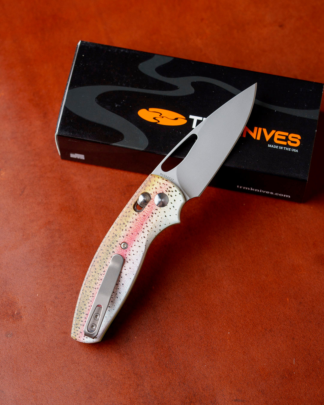 Three Rivers Mfg.-Three Rivers Mfg. (TRM) Bulldog Rev B - RAINBOW TROUT G10 3D Handles - Magnacut Blade-2-Urban Cutlery