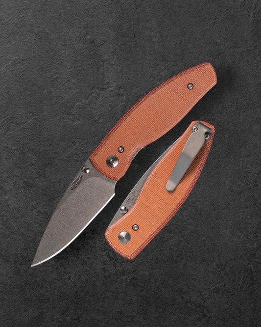 Three Rivers Mfg.-Three Rivers Mfg. (TRM) Neutron 2 - AUTUMN ORANGE MICARTA Flat Handles - 20CV Blade-1-Urban Cutlery