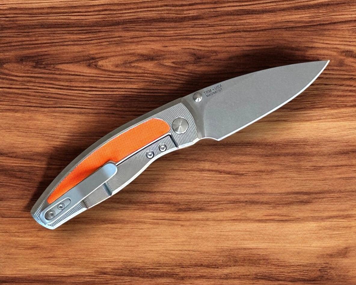 Three Rivers Mfg.-Three Rivers Mfg. (TRM) Neutron 2 FRAME LOCK - TANGERINE TIGER G10 3D w/ Carbon Fiber Inlay Handles - Magnacut Blade-3-Urban Cutlery