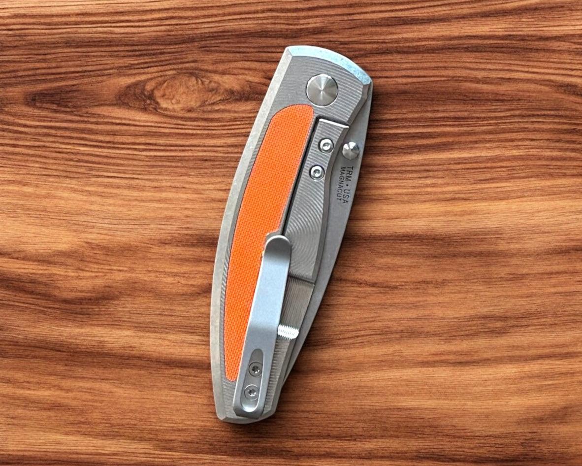 Three Rivers Mfg.-Three Rivers Mfg. (TRM) Neutron 2 FRAME LOCK - TANGERINE TIGER G10 3D w/ Carbon Fiber Inlay Handles - Magnacut Blade-5-Urban Cutlery