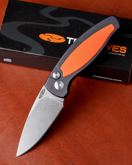 Three Rivers Mfg.-Three Rivers Mfg. (TRM) Pitbull Auto - Aluminum Handles SLEEK w/ Hunter Orange G10 Inlay - MAGNACUT Blade-1-Urban Cutlery