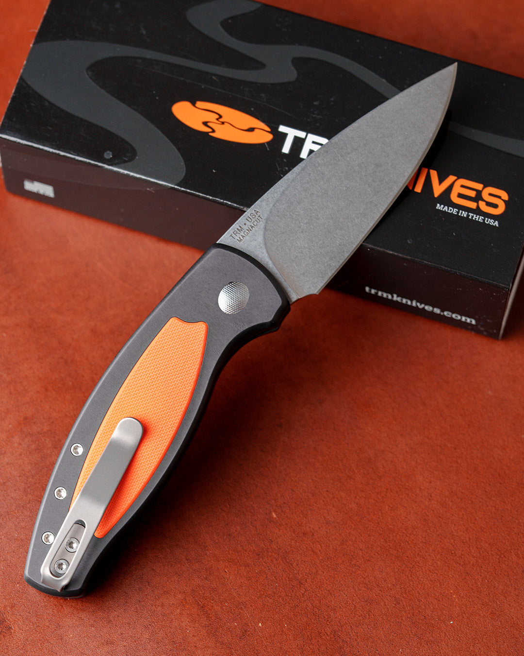 Three Rivers Mfg.-Three Rivers Mfg. (TRM) Pitbull Auto - Aluminum Handles SLEEK w/ Hunter Orange G10 Inlay - MAGNACUT Blade-2-Urban Cutlery