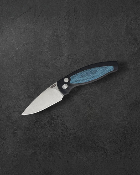 Three Rivers Mfg.-Three Rivers Mfg. (TRM) Pitbull Auto - HARD-COATED ALUMINUM HANDLE W/ BLUE DENIM MICARTA INLAY - MAGNACUT Blade-1-Urban Cutlery