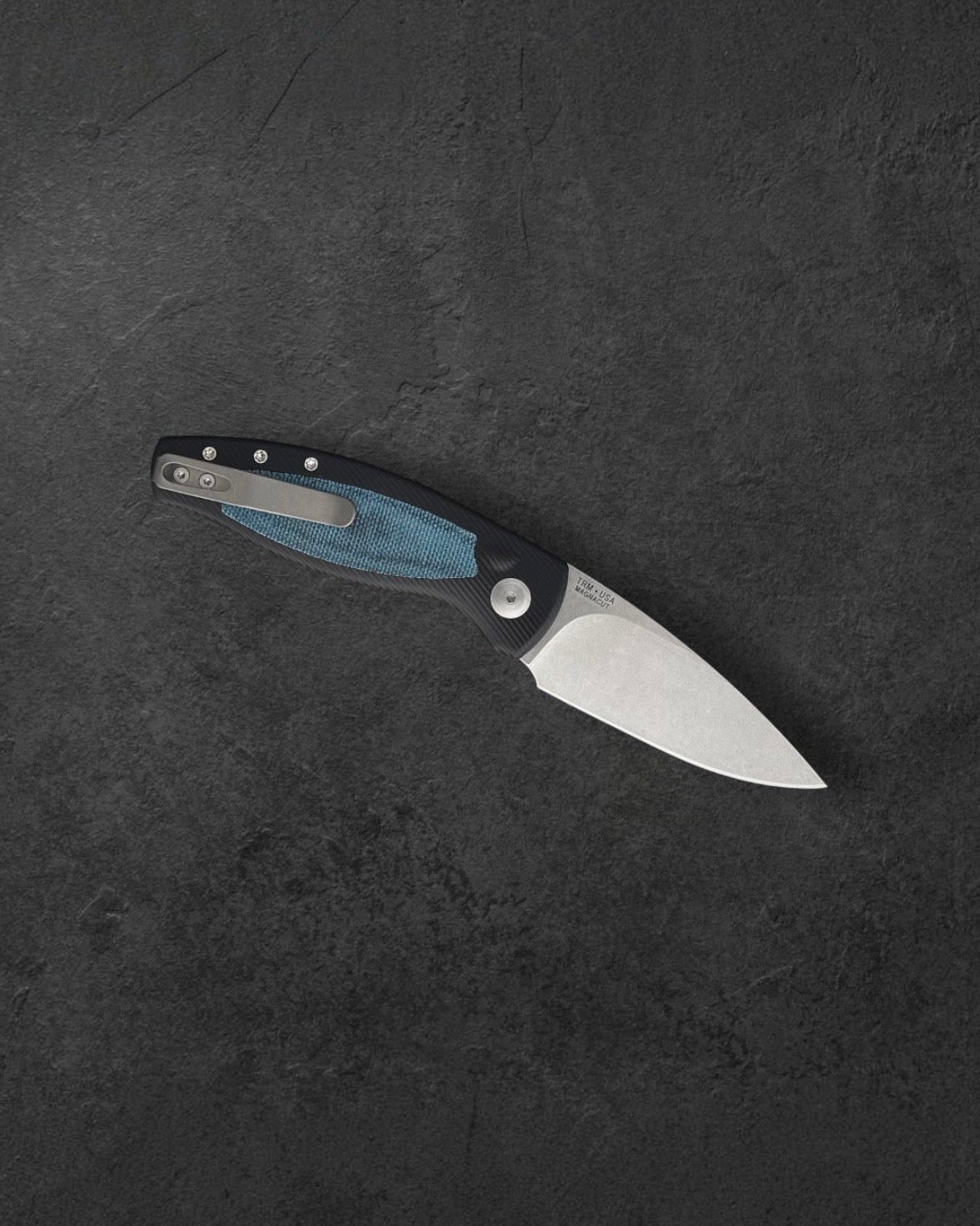 Three Rivers Mfg.-Three Rivers Mfg. (TRM) Pitbull Auto - HARD-COATED ALUMINUM HANDLE W/ BLUE DENIM MICARTA INLAY - MAGNACUT Blade-2-Urban Cutlery