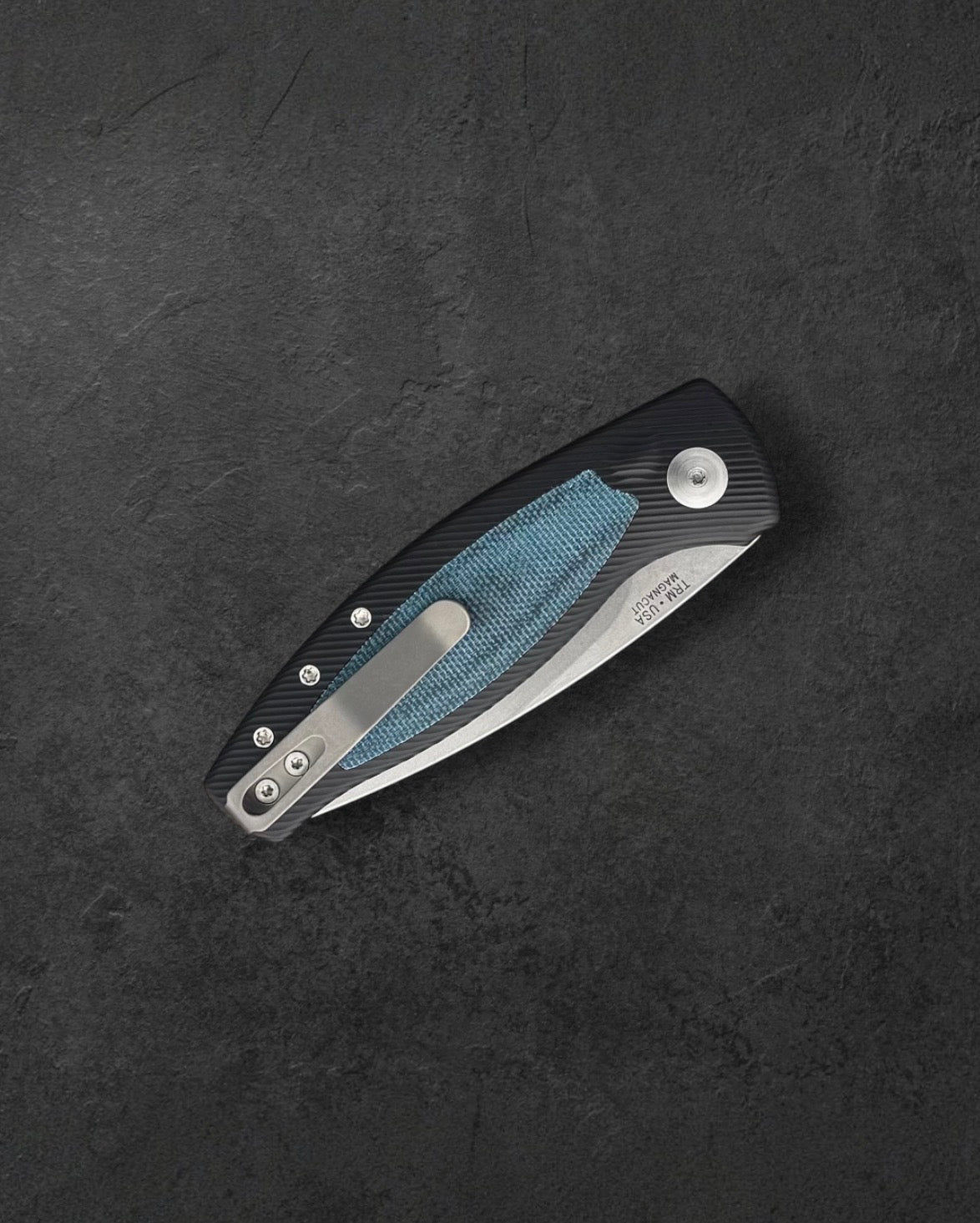 Three Rivers Mfg.-Three Rivers Mfg. (TRM) Pitbull Auto - HARD-COATED ALUMINUM HANDLE W/ BLUE DENIM MICARTA INLAY - MAGNACUT Blade-4-Urban Cutlery