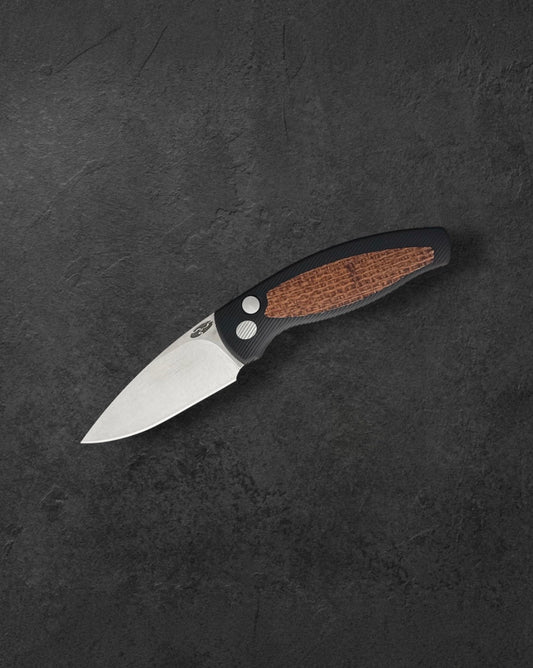 Three Rivers Mfg.-Three Rivers Mfg. (TRM) Pitbull Auto - HARD-COATED ALUMINUM HANDLE W/ BURLAP DENIM MICARTA INLAY - MAGNACUT Blade-1-Urban Cutlery
