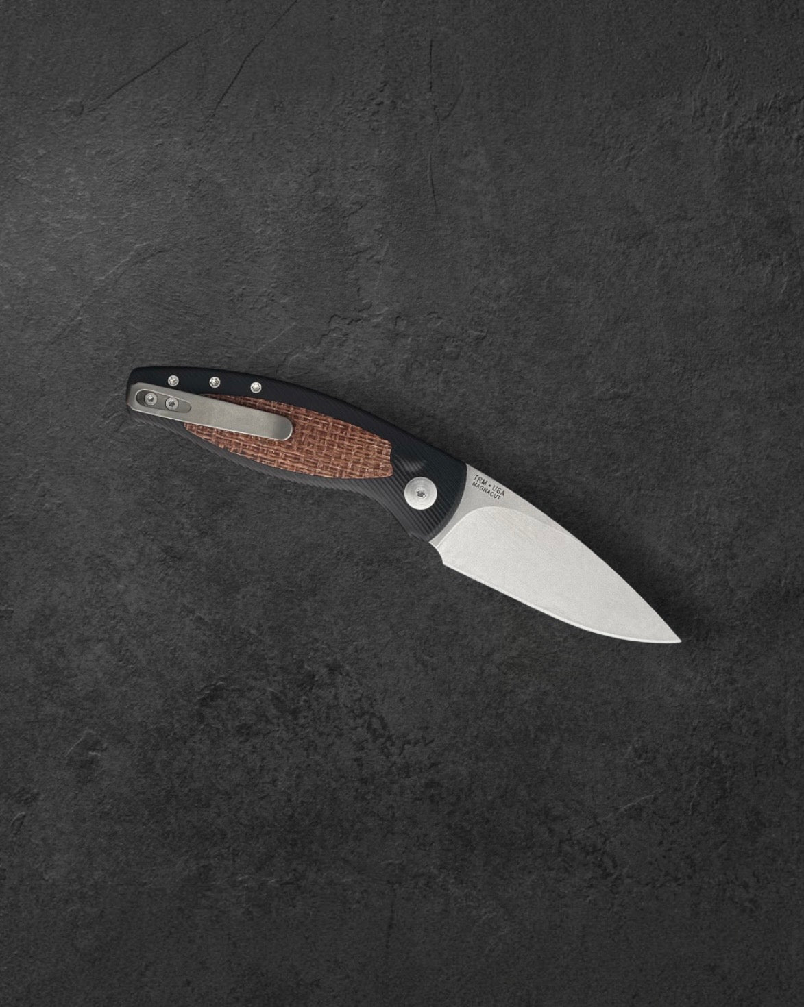 Three Rivers Mfg.-Three Rivers Mfg. (TRM) Pitbull Auto - HARD-COATED ALUMINUM HANDLE W/ BURLAP DENIM MICARTA INLAY - MAGNACUT Blade-2-Urban Cutlery