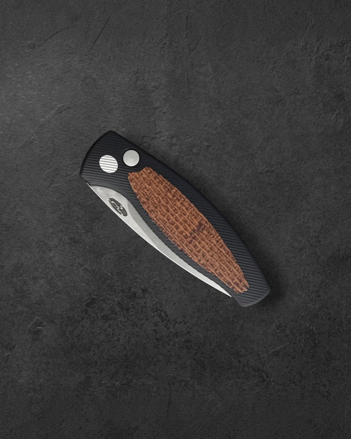 Three Rivers Mfg.-Three Rivers Mfg. (TRM) Pitbull Auto - HARD-COATED ALUMINUM HANDLE W/ BURLAP DENIM MICARTA INLAY - MAGNACUT Blade-3-Urban Cutlery