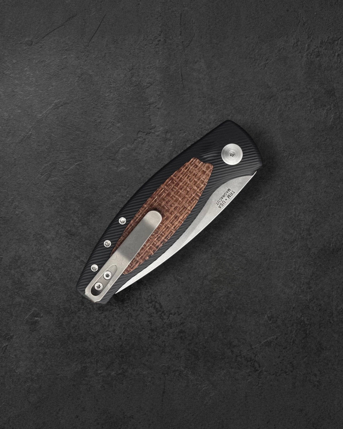 Three Rivers Mfg.-Three Rivers Mfg. (TRM) Pitbull Auto - HARD-COATED ALUMINUM HANDLE W/ BURLAP DENIM MICARTA INLAY - MAGNACUT Blade-4-Urban Cutlery