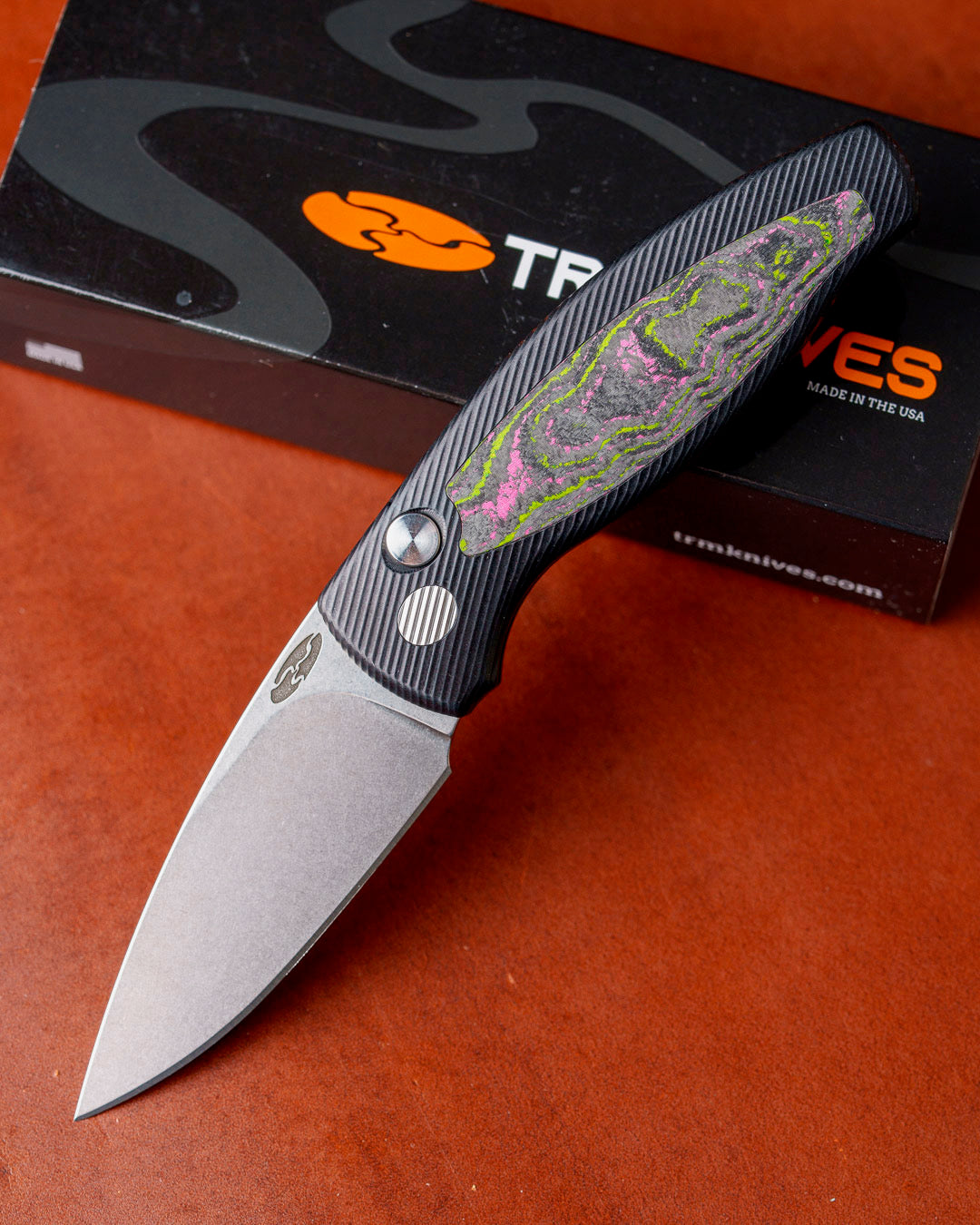Three Rivers Mfg.-Three Rivers Mfg. (TRM) Pitbull Auto - Hard-Coated Aluminum Handle w/ Watermelon Sugar Camo Carbon Inlay - MAGNACUT Blade-1-Urban Cutlery