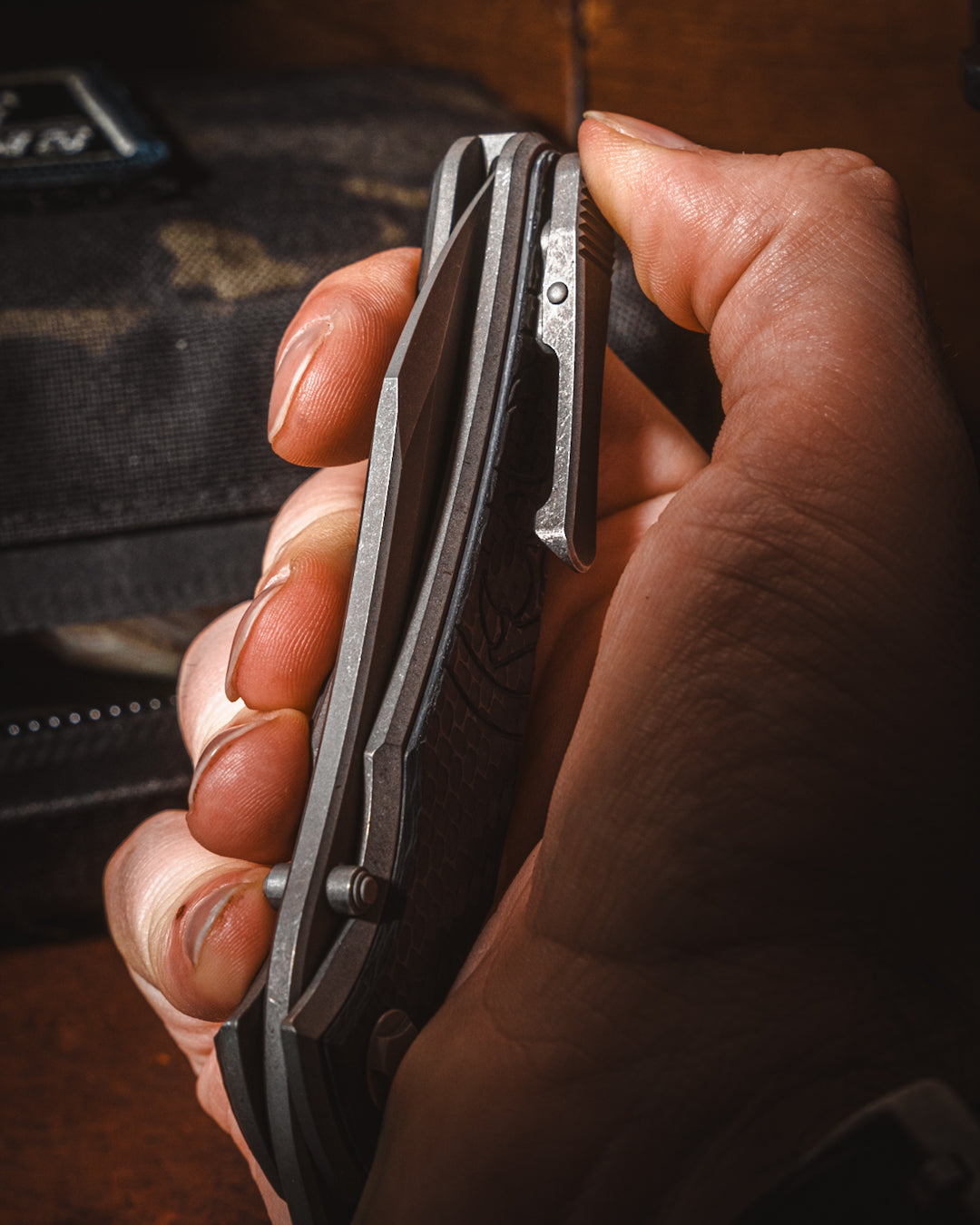 Hawk Knives Talon - Carbon Fiber Handle Inlay - Tumbled M390 Blade