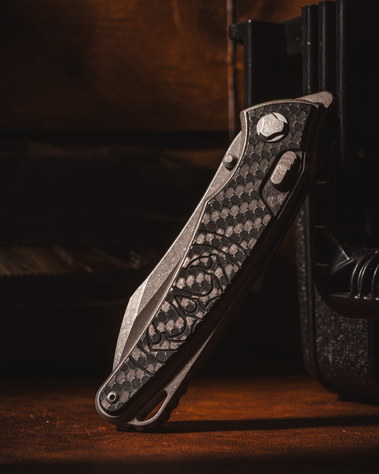 Hawk Knives Talon - Carbon Fiber Handle Inlay - Tumbled M390 Blade