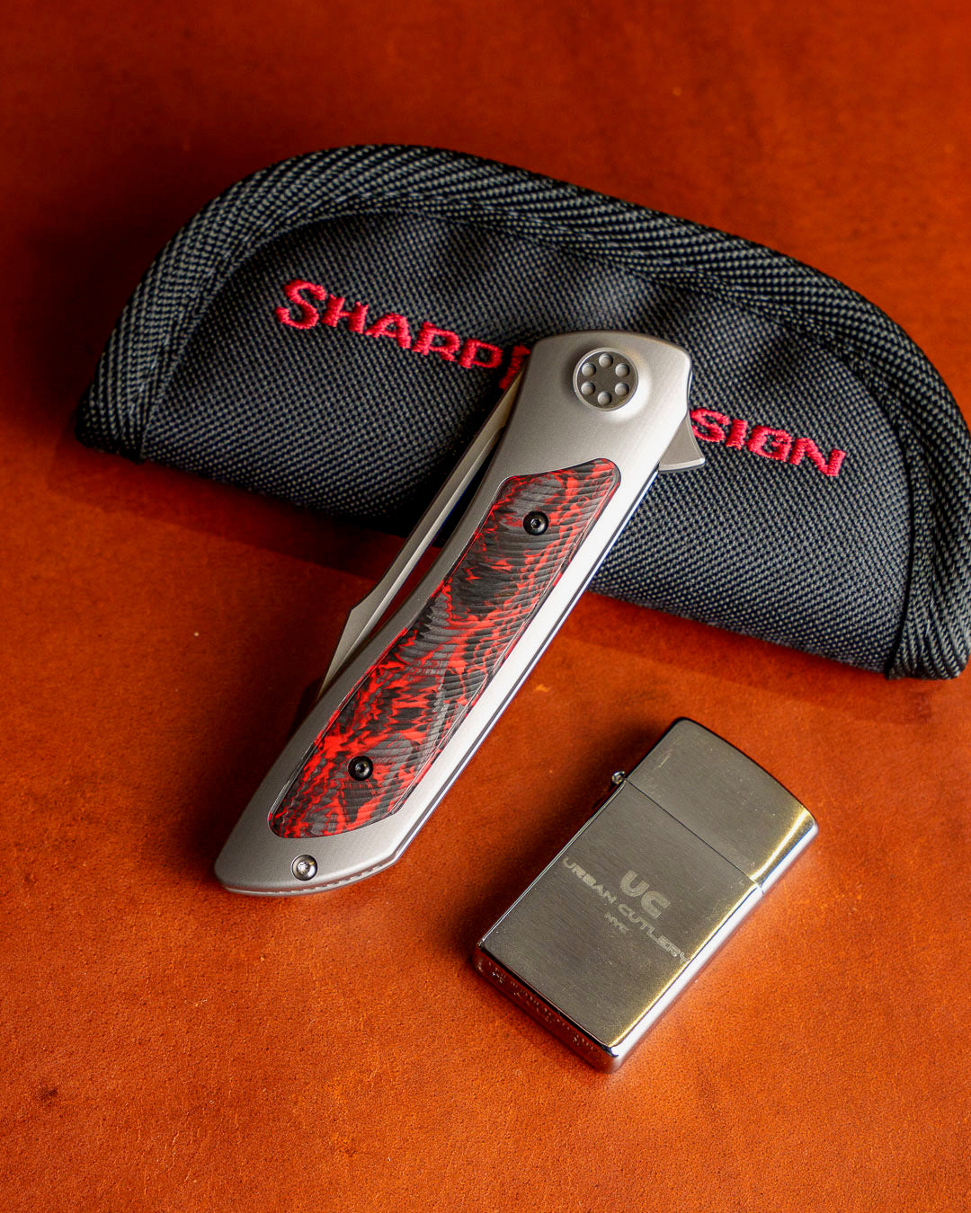 Sharp by Design Mini T10 – Inferno Red Carbon Fiber Inlay Handles - Slotted Harpoon Clip Point