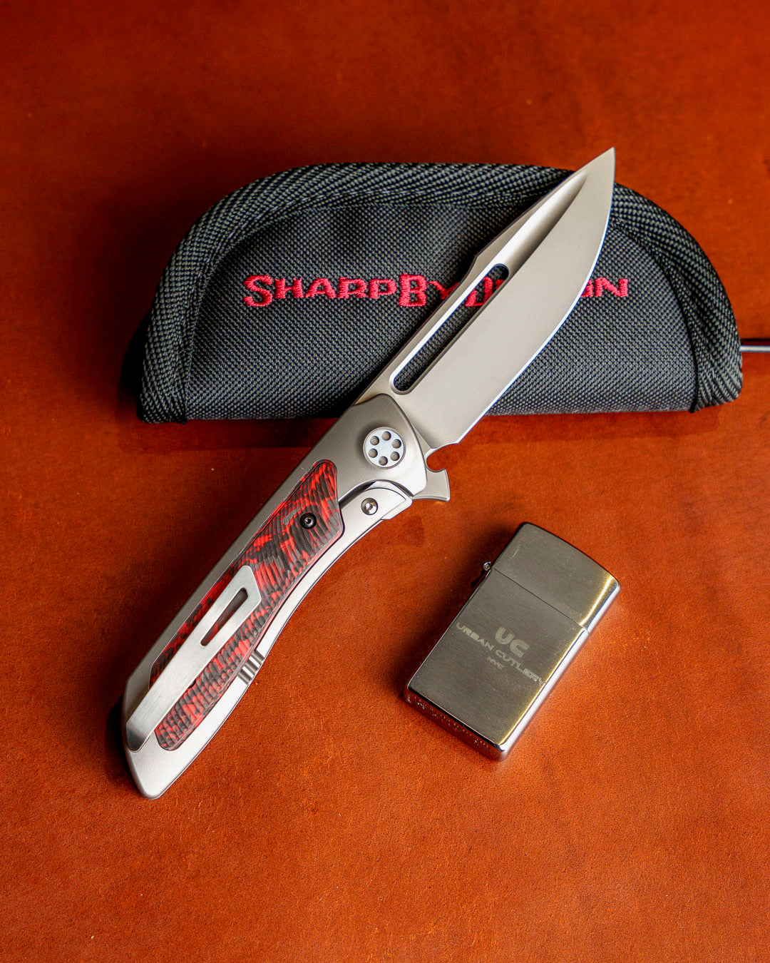 Sharp by Design Mini T10 – Inferno Red Carbon Fiber Inlay Handles - Slotted Drop Point