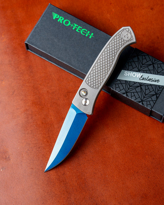Pro-Tech Custom Brend Classic (2026 Brend Classic Custom 002) Blade Show West 2026 Exclusive Auto - Blasted & Tumbled 17-4 Steel Textured Handles - Sapphire Blue Magnacut Blade -Abalone Button - Polished Clip /50
