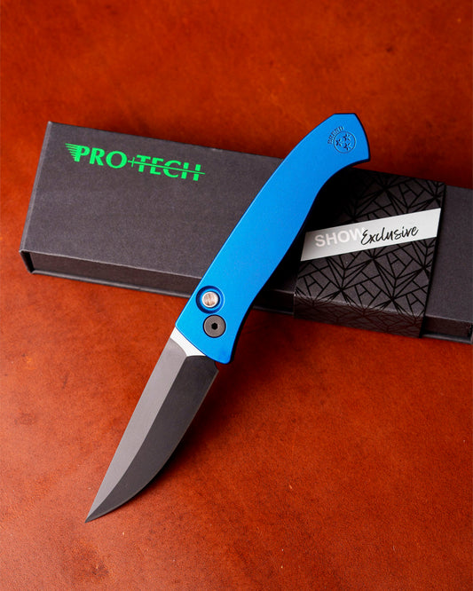 Pro-Tech BSW26.Brend.1 Blade Show West 2026 Exclusive Brend Classic Auto - Solid Blue Handles - 2-Tone DLC Black w/ Satin Flats Magnacut Blade - Black Lip Pearl Button - Black Hardware /90