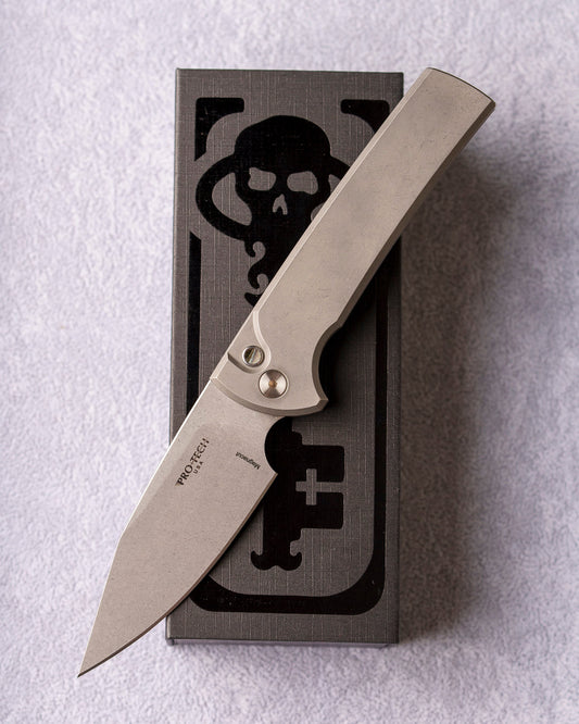 Pro-Tech x Chaves Custom Full-Size Scapegoat (2026 Scapegoat Full-Size Custom 002) Prototype Blade Show West 2026 Exclusive Scapegoat FS Auto - Blasted/Tumbled 17-4 Handles - Stonewash Magnacut Blade - Black Lip Pearl Button - Green Ano Ti Skull Clip