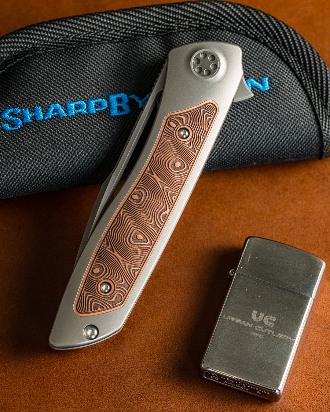Sharp by Design T10 – Copper Inlay Handles #3 - Etched & Slotted Blade