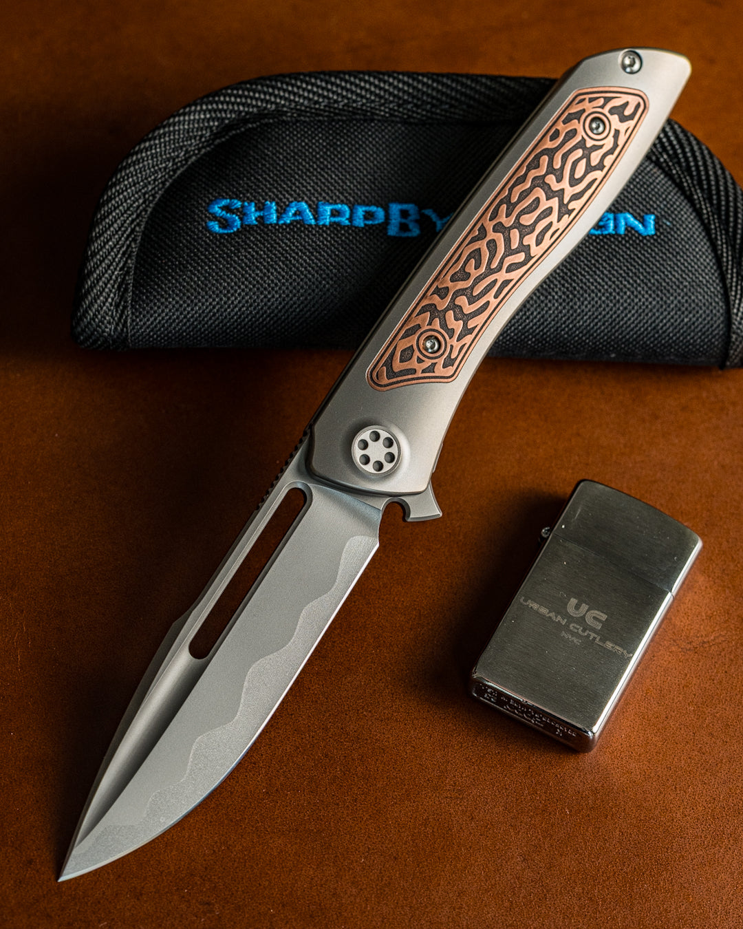 Sharp by Design T10 – Copper Inlay Handles #4 - Etched & Slotted Blade