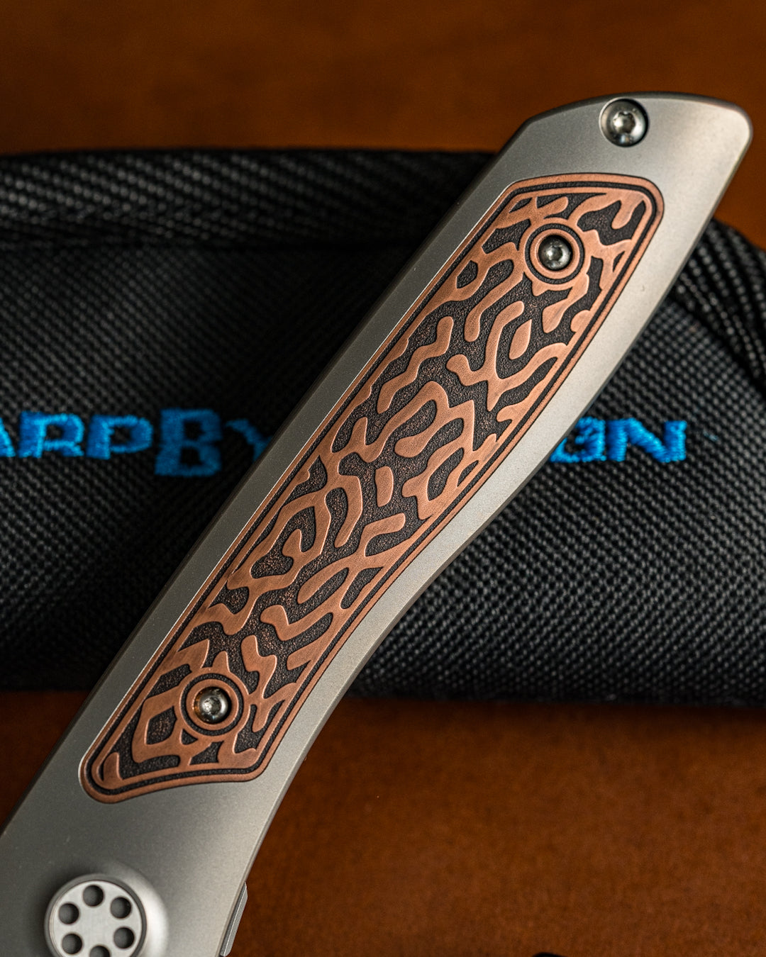 Sharp by Design T10 – Copper Inlay Handles #4 - Etched & Slotted Blade