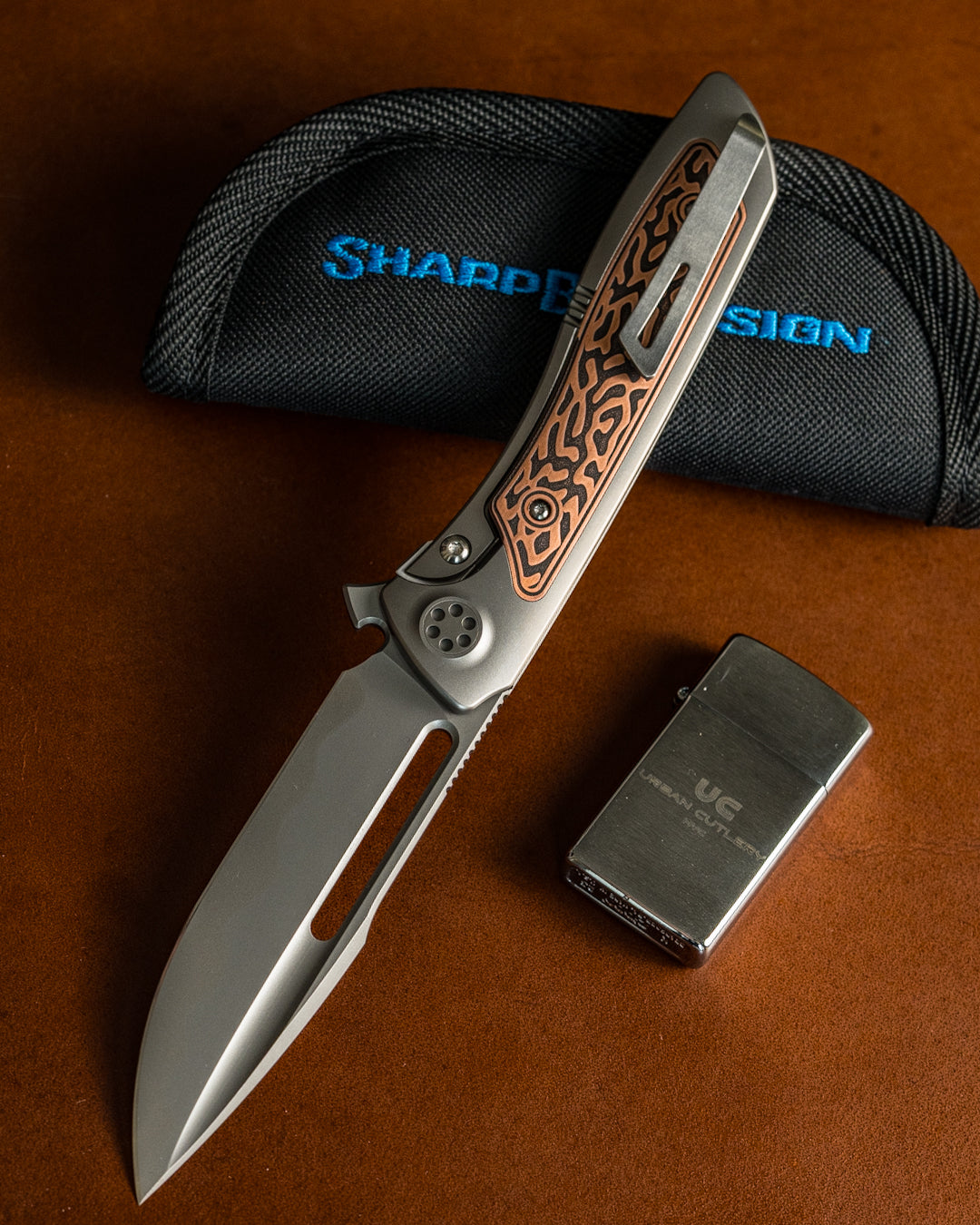 Sharp by Design T10 – Copper Inlay Handles #4 - Etched & Slotted Blade