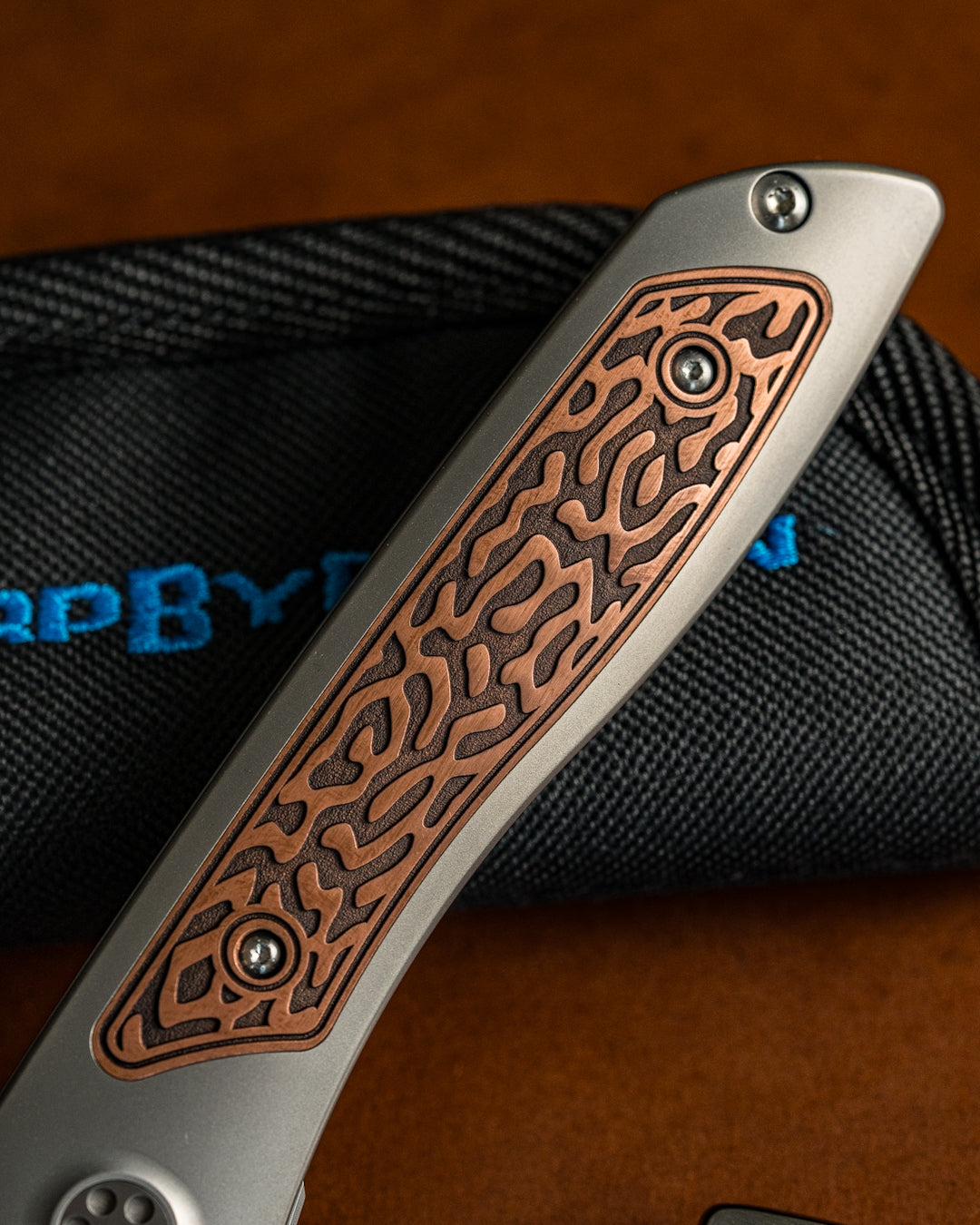 Sharp by Design T10 – Copper Inlay Handles #1 - Etched & Slotted Blade