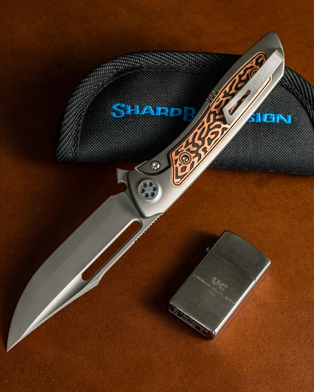 Sharp by Design T10 – Copper Inlay Handles #1 - Etched & Slotted Blade