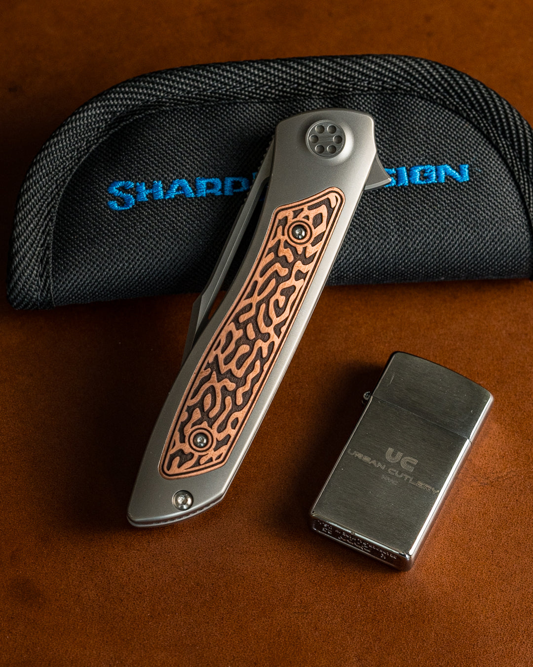 Sharp by Design T10 – Copper Inlay Handles #1 - Etched & Slotted Blade