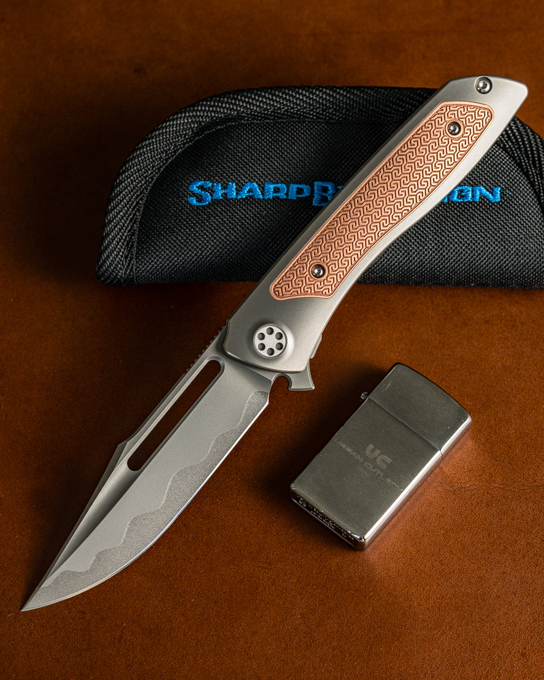 Sharp by Design T10 – Copper Inlay Handles #2 - Etched & Slotted Blade