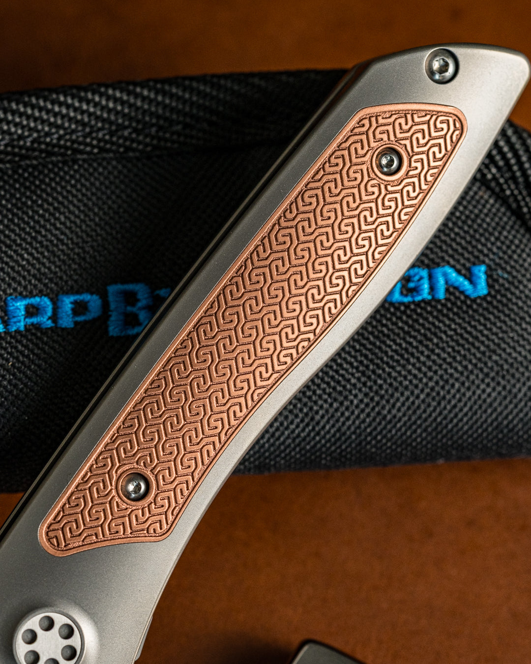 Sharp by Design T10 – Copper Inlay Handles #2 - Etched & Slotted Blade