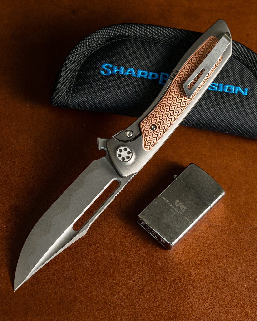 Sharp by Design T10 – Copper Inlay Handles #2 - Etched & Slotted Blade