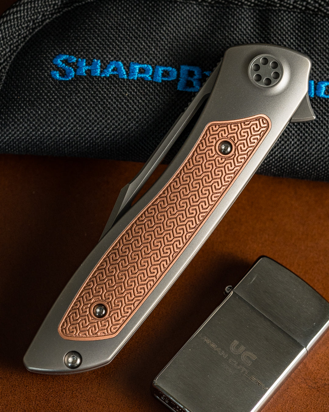 Sharp by Design T10 – Copper Inlay Handles #2 - Etched & Slotted Blade