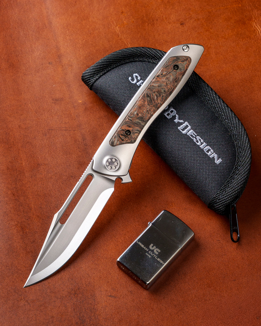 Sharp by Design T10 – FC Dark Matter Copper Inlay Handles - Etched & Slotted Blade