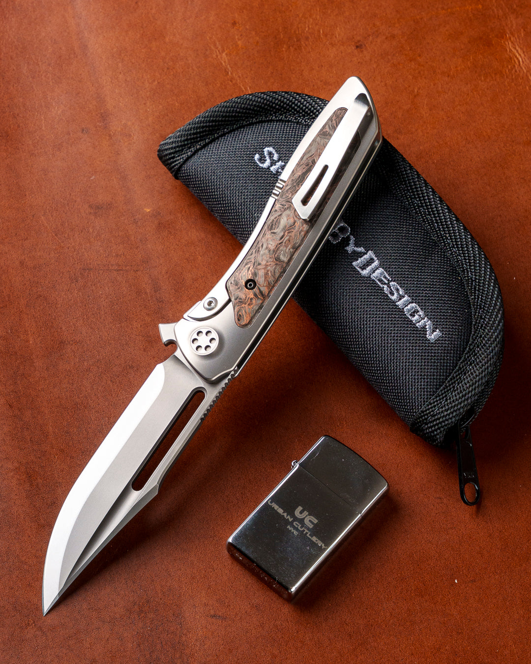 Sharp by Design T10 – FC Dark Matter Copper Inlay Handles - Etched & Slotted Blade