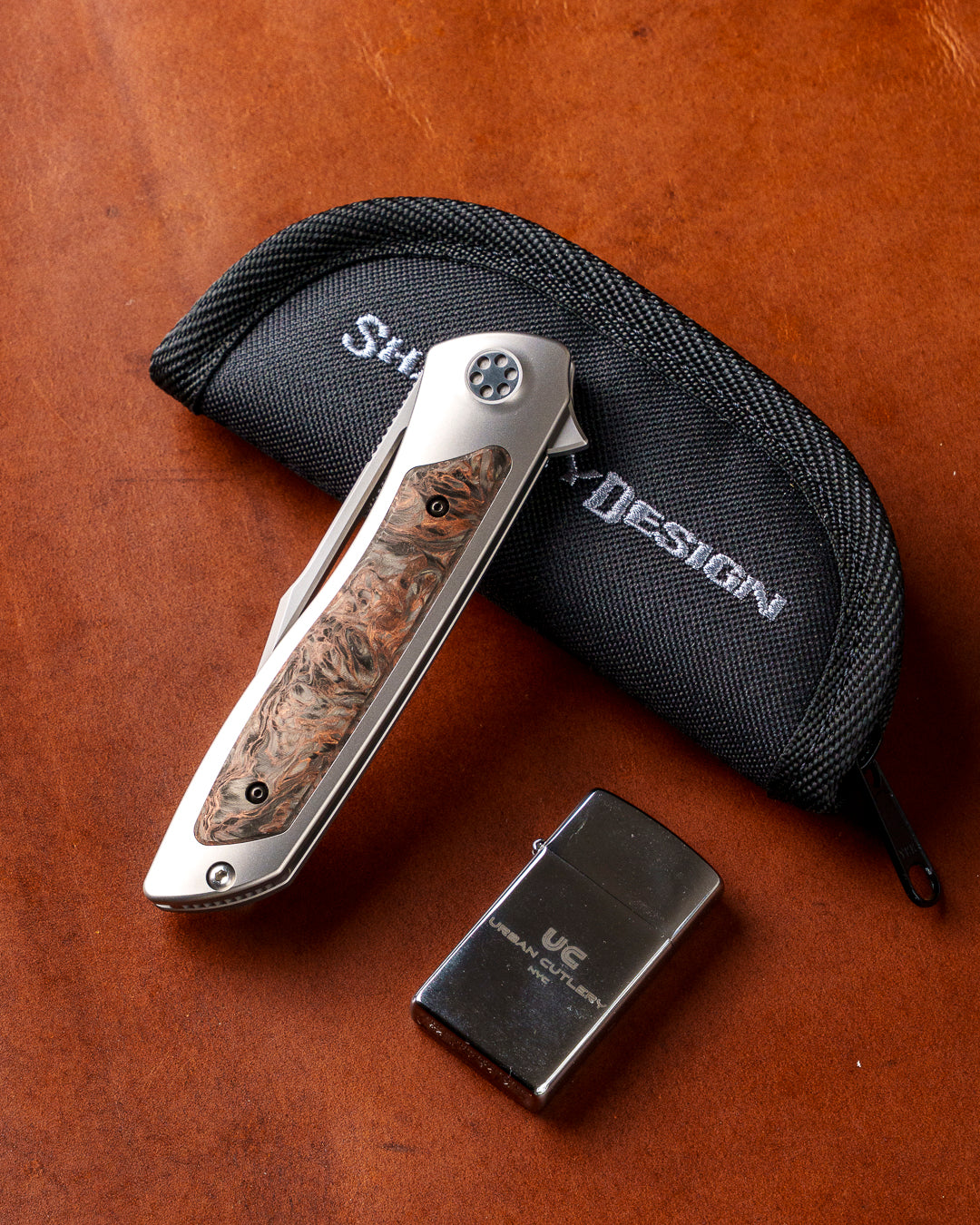 Sharp by Design T10 – FC Dark Matter Copper Inlay Handles - Etched & Slotted Blade