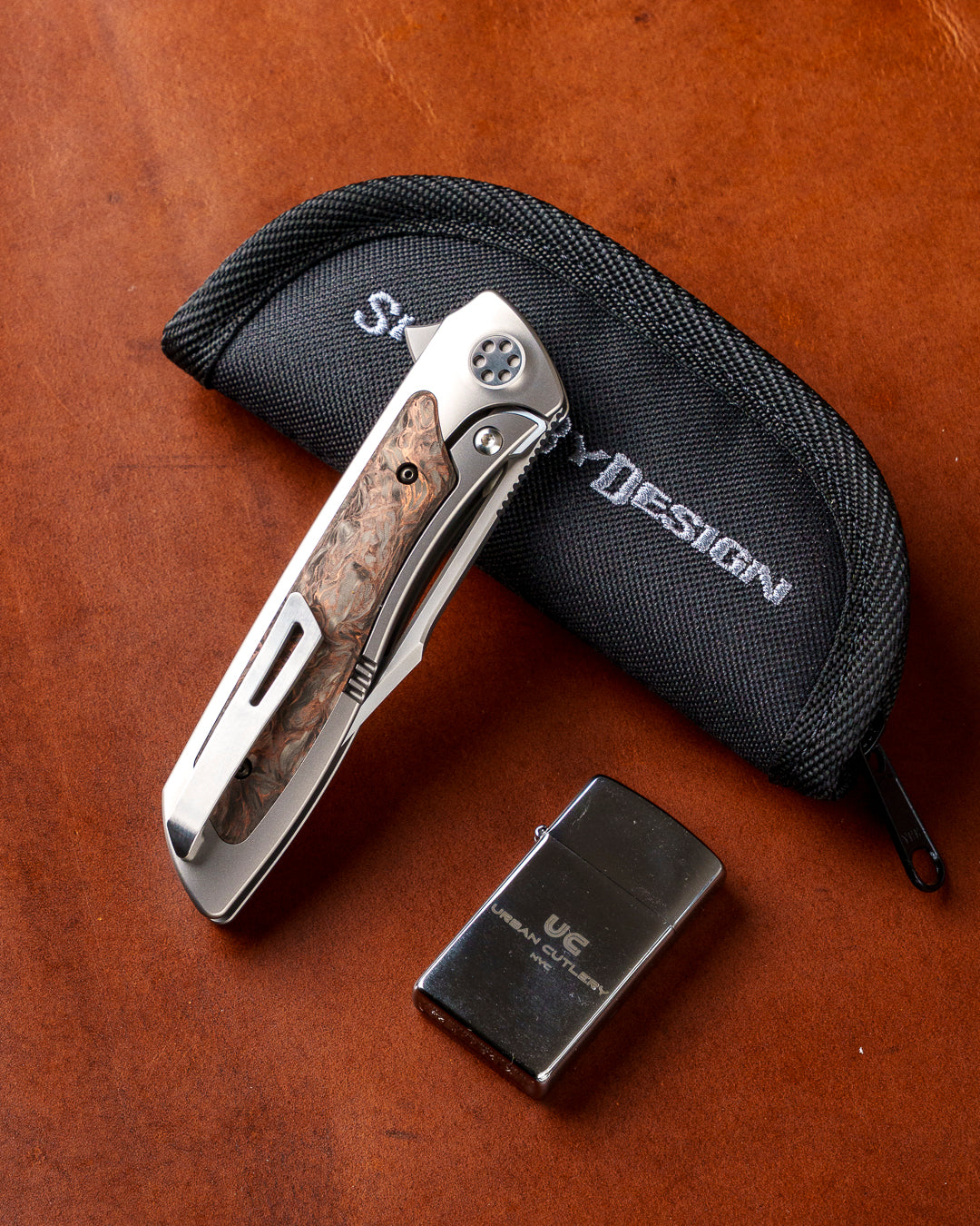 Sharp by Design T10 – FC Dark Matter Copper Inlay Handles - Etched & Slotted Blade